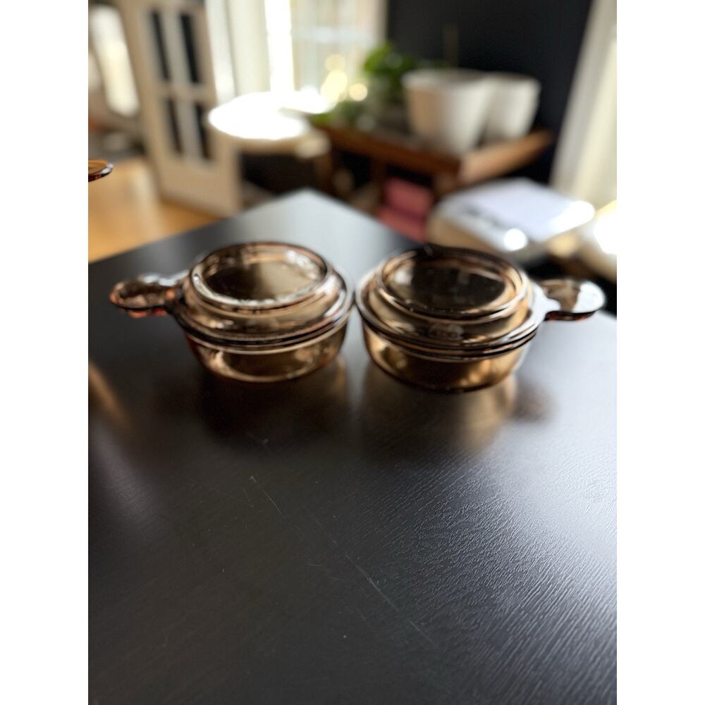 Set Of 2 Vintage Corning Visions V-150-B Amber Glass Mini Casseroles w Lids